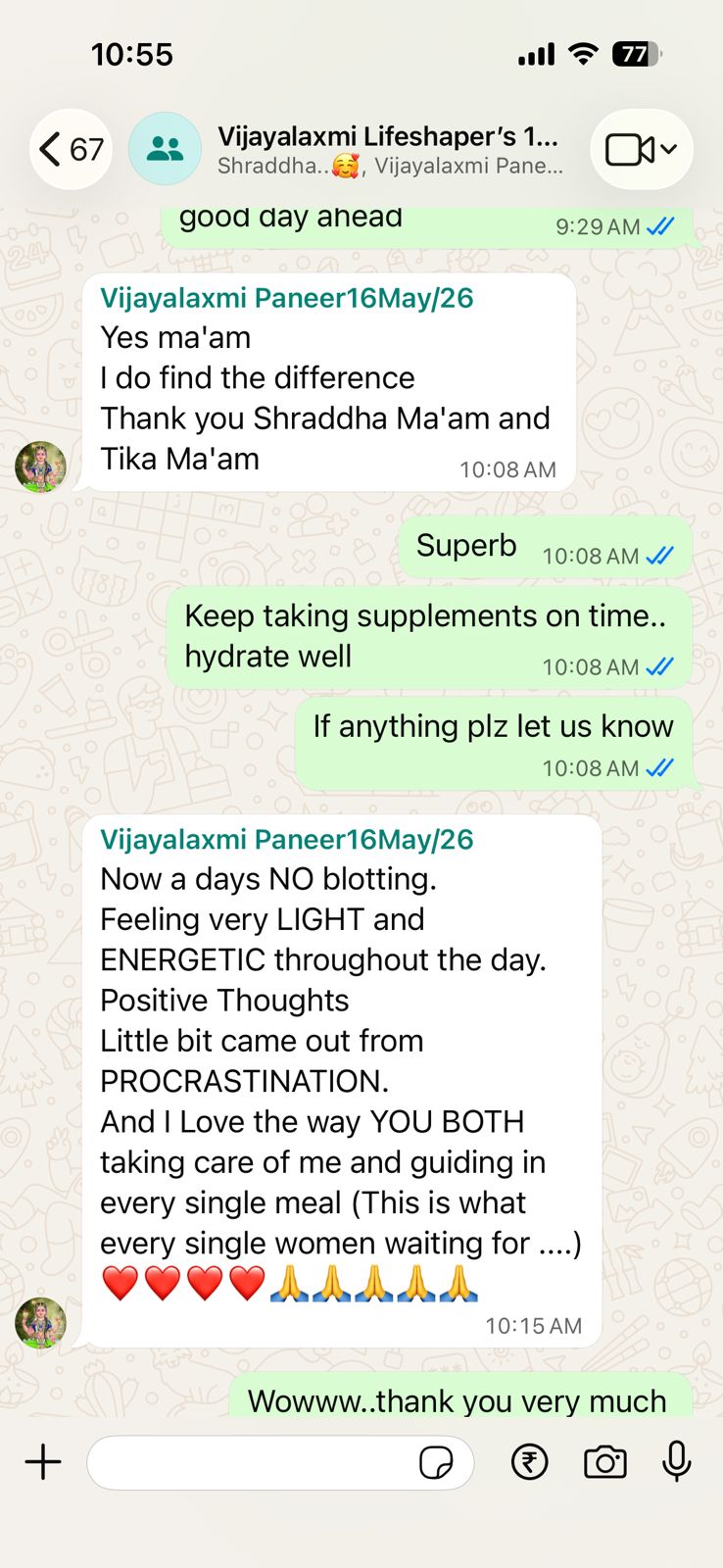 Client message: energetic days, positive thoughts, no bloating