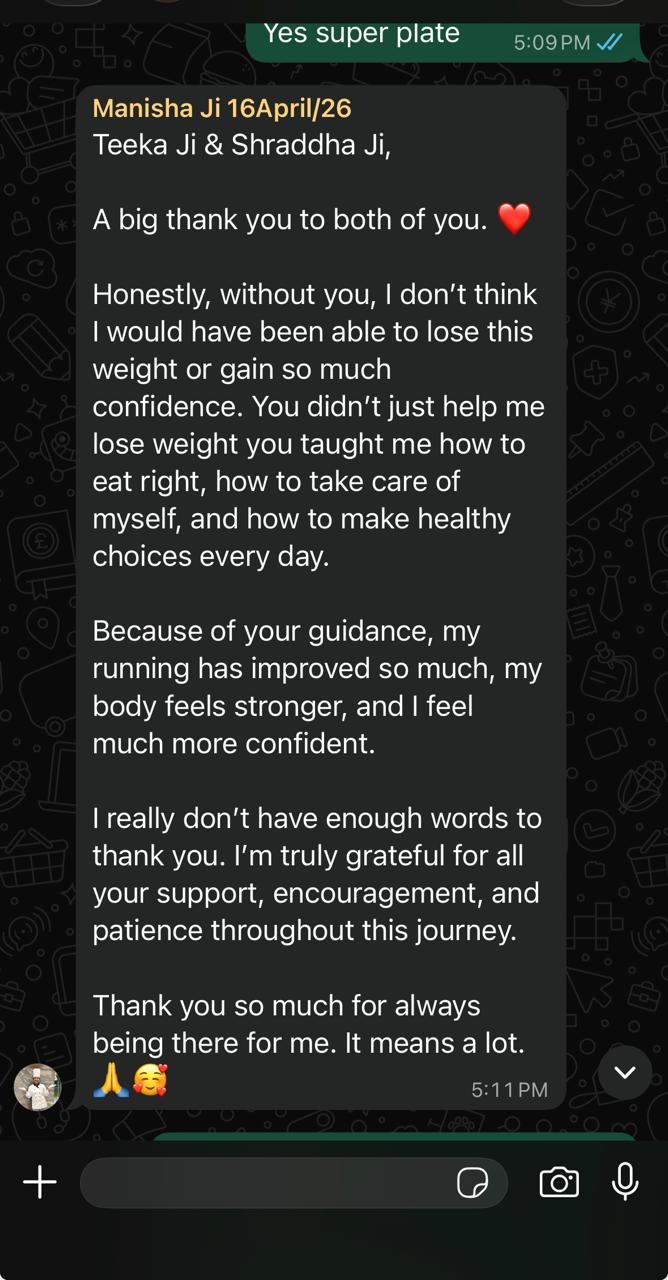 Client message from Manisha Khemka on learning to eat right