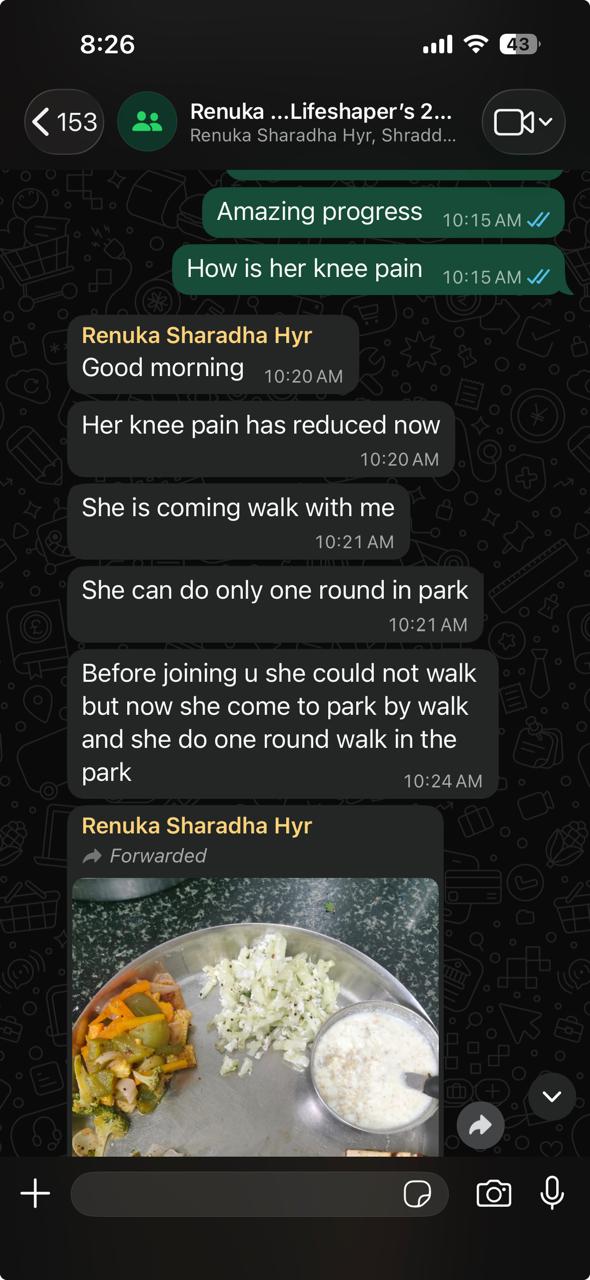 Client message: knee pain reduced and walking in the park again