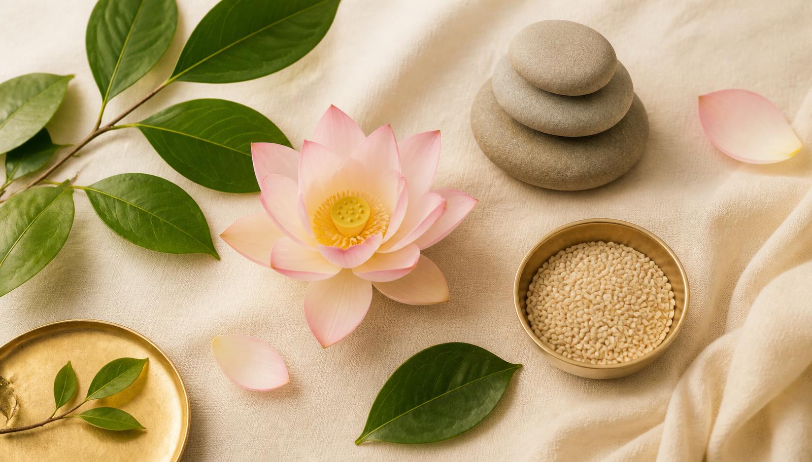 Lotus flower, green leaves and spa stones on ivory linen